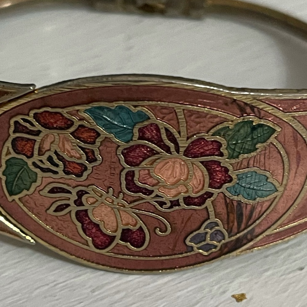 Vintage Cloisonné Floral Enamel Hinged Bangle Bracelet – Boho Statement - Picture 3 of 8